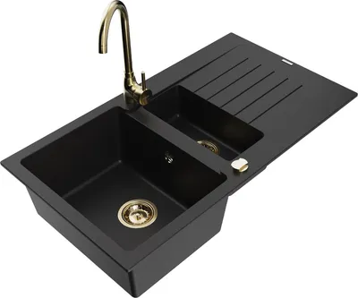 Produktbild von Mexen Matias 1,5-Becken-Granitspüle mit Abtropffläche und Mischbatterie Telma, Schwarz - 6502-77-670200-50