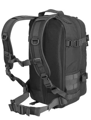 Rear view of a black backpack.