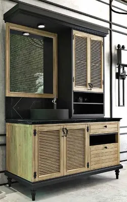 Produktbild von Casa Padrino Luxus Landhausstil Badezimmer Set Naturfarben / Schwarz - Beleuchteter Waschtisch mit 4 Türen und 2 Schubladen und 1 Waschbecken und 1 Wandspiegel - Landhausstil Badezimmermöbel