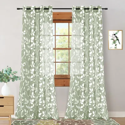 Immagine prodotto di Tende trasparenti con passanti, color salvia, motivo floreale, 140x245 cm, set da 2, ideali per decorare finestre di soggiorno o camera da letto