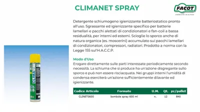 Immagine prodotto di Facot CLIMANET SPRAY bomboletta detergente schiumogeno igienizzante batteriostatico 600ml