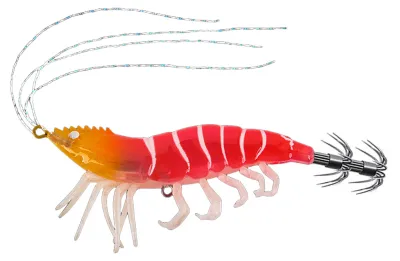 Produktbild von 10,5 cm/12 g Leuchtender Garnelenköder mit Tintenfisch-Jig-Haken, realistischer, bionischer Kunstköder, Salzwasser- und Süßwasserangelzubehör für Barsch, Zander und Forelle