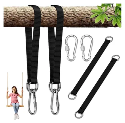 Produktbild von 2 Stück Schaukelbefestigung mit 2 Schwerlastkarabinern und D-Ringen, Hängemattenbefestigung, Hängemattengurte, Schaukelaufhängung, bis zu 400 kg belastbar, für Baumschaukeln und Hängesessel