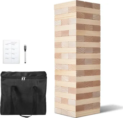 Produktbild von Wackelturm Holz-Stapelspiel - 60 Blöcke Naturholz Turm-Spiel - Familienspaß Geschicklichkeitsspiel