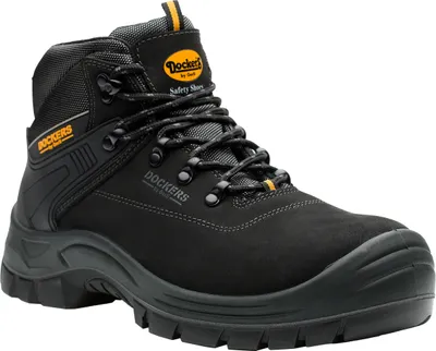 A black Dockers safety boot is shown against a white background.