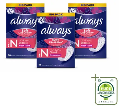 Imagen del producto de 3 unidades de protectores diarios Always Discreet Fresh, talla normal, paquete grande
