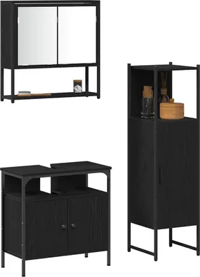 Produktbild von vidaXL Badezimmermöbel-Set mit Regal 3 pcs Schwarz Holzwerkstoff