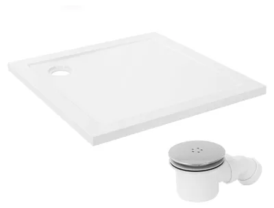 Produktbild von LuxeBath Duschwanne 90x90 cm Weiß mit Ablaufgarnitur, Duschtasse eckig Komplett Set, Quadratische Brausewanne H:40mm aus SMC, Brausetasse mit Siphon