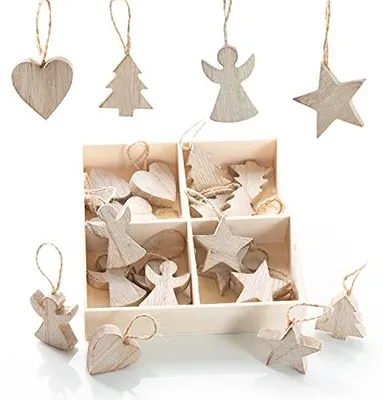 Produktbild von 24 kleine Weihnachtsanhänger aus Holz natur - weihnachtlicher Baumschmuck