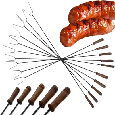 Produktbild von Lagerfeuerspieß 100cm mit Holzgriff | 10 Stück SET | Grillspieße Lagerfeuer Stock Grill Metall Hochwertige mit zwei Zinken Lagerfeuerspieße Grillgabel