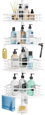 Image de Étagère de douche sans perçage, télescopique, de 70 à 267 cm, blanche, avec 4 paniers en acier inoxydable