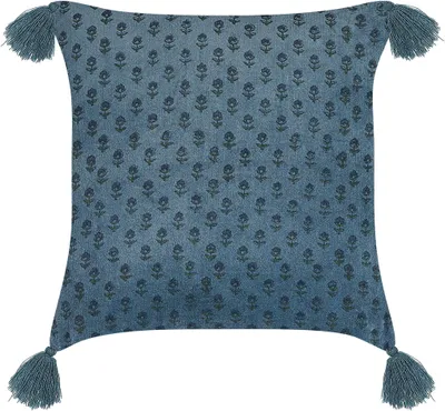 Obrázek produktu pro BELIANI Dekorativní polštář tmavě modrý samet a bavlna 45 x 45 cm geometrický vzor potisk střapce boho dekorace
