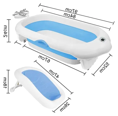 Produktbild von Tragbare Babybadewanne mit integriertem Badekissen und Thermometer, 97 x 52 x 24 cm (blau)