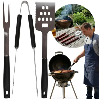 Produktbild von Grillzubehör-Set mit Kunststoffgriffen: Schaufel, Zange und Gabel aus Edelstahl