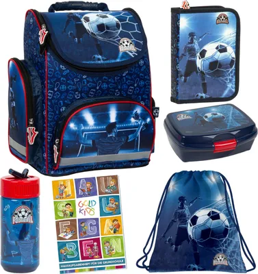 Produktbild von Schulranzen für Jungen, 6er-Set - Schul-Rucksack für Kinder mit Federmäppchen - Schuhbeutel und Hausaufgabenheft - Fußball Motiv