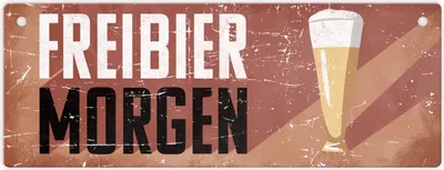 Produktbild von Freibier morgen Metallschild L in 10,5x28cm mit Bierglas im Retrolook