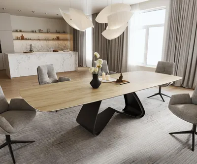 Produktbild von DELIFE Esstisch Edge Boot 240-300x120 cm Keramik Laminam® Sabbia Eichefarbig W-Gestell Metall Schwarz ausziehbar