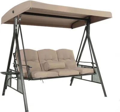 A three-seater garden swing chair with a canopy and cushions, shown outdoors against a white background.