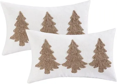 Produktbild von Unyqoos® Set 2 weihnachtliche Kissenhüllen 48 cm, Baumwolle & Jute, winterliches Tannenbaum-Motiv mit Stickerei, unsichtbarer Reißverschluss