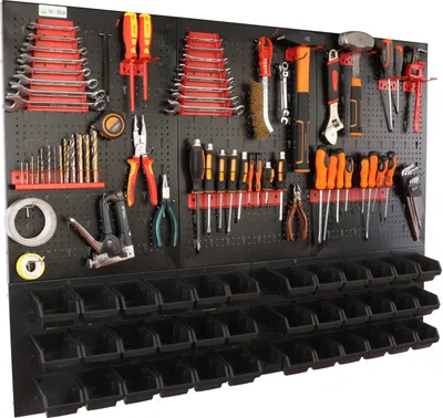 Produktbild von botle® Werkzeugwand Lochwand aus Metall, Stapelboxen + Wandregal + Werkzeughalter 63-tlg Set, Kleinteilelager, Wandwerkstatt mit 36 stapelbaren Schwarz Behältern, Hängeregal Sortierregal