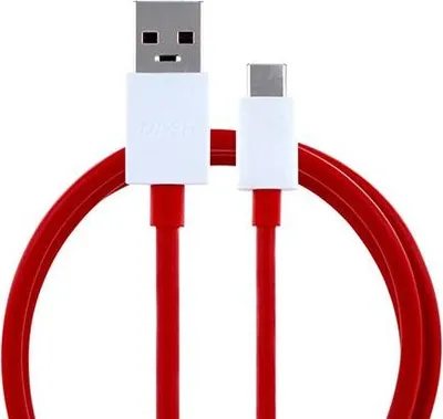 A red USB-C to USB cable with white connectors is shown against a white background.