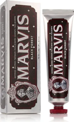 A box and tube of Marvis Black Forest Toothpaste.