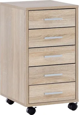 Produktbild von Rollcontainer Sonoma 33 x 63 x 38 cm Holz Schubladenschrank Schreibtisch | Büro Schrank mit 5 Schubladen | Container Rollschrank klein Standcontainer schmal | Schreibtischcontainer mit Rollen