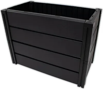 A black, rectangular planter box made of plastic.