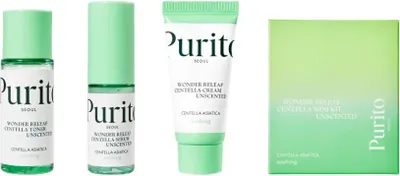 Obrázek produktu pro Purito Seoul - Wonder Releaf Centella Mini Kit Unscented - Sada zklidňujících produktů bez parfemace (Serum15ml+Toner30ml+ Cream15ml)