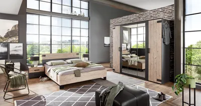 Produktbild von Komplettschlafzimmer "Malmö" aus Spanplatte in Graphit mit Absetzungen in Silver Fir-Nahcbildung. Abmessungen (B/H/T) 477x210x210 cm