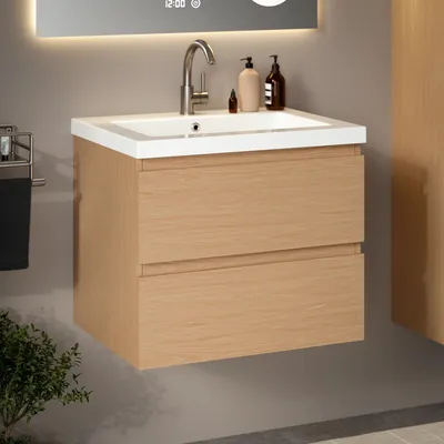 Image de Ensemble de meubles de salle de bain Mirlux Chêne clair 60 cm – Lavabo blanc – Ensemble de meubles de salle de bain – Meuble-lavabo en chêne