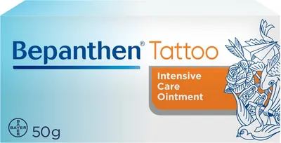 The image shows the packaging of Bepanthen Tattoo Intensive Care Ointment.