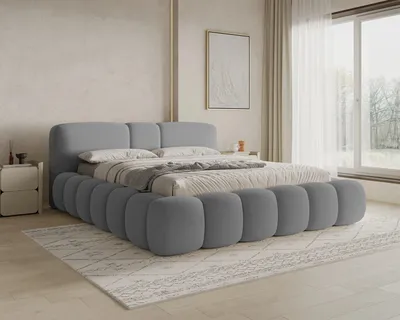 Produktbild von Chilly Möbel Design Bett Bianco - Komfort Polsterbett mit Bettkasten, Metallrahmen, Stauraum und gepolstertem Kopfteil 160x200 cm / Bouclé / Grau