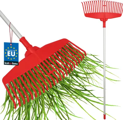 Zdjęcie produktu dla KOTARBAU® Grabie do Liści 48,5 CM Trawy Siana Grabie Uniwersalne Extra-Click Plastikowe Trzonek Aluminiowy 1,3 M