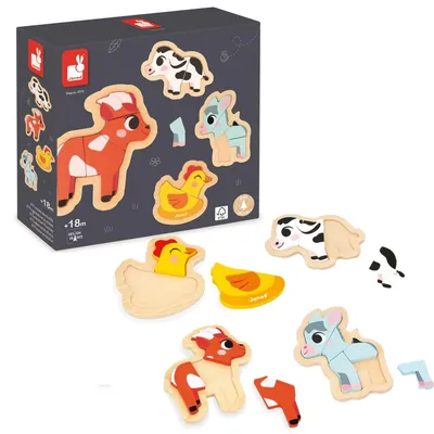 Image de Janod Puzzle en bois animaux de la ferme - 4 puzzles pour les tout-petits