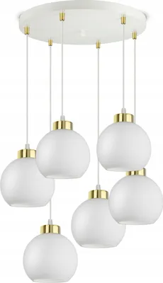 A white pendant light fixture with six glass globe shades and gold accents, suspended from a white circular ceiling plate.
