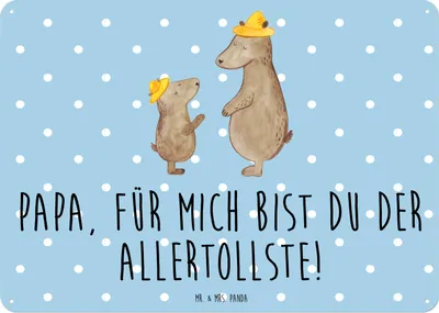 Produktbild von Mr. & Mrs. Panda Blechtafel Bären mit Hut DIN A3 - Blau Pastell - Geschenk, Kinder, wandtafel, Vorbild, Wandbild, Vatertag, Vater, Papa, Retro Blechschild, Türschild