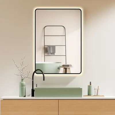 Produktbild von HOKO Badspiegel 50x70/70x50 cm mit Metall Rahmen Schwarz+Touch Schalter+Licht Wechsel Warmweiß-Kaltweiß-Neutral 2700-6500K. Alabama