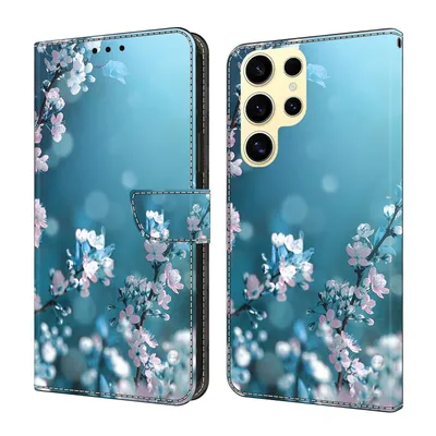 Produktbild von CLM-Tech Handyhülle kompatibel mit Samsung Galaxy S26 Ultra Hülle - Tasche aus Kunstleder - Klapphülle mit Ständer und Kartenfächern - Schutzhülle Wallet Case Cover Pflaumenblüte blau