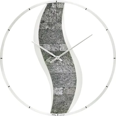 Produktbild von AMS 9646 Wanduhr Quarz analog rund Holzrückwand mit Stein-Auflage modern