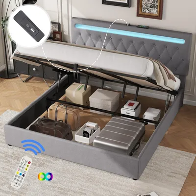 Obrázok produktu pre Čalúnená hydraulická rovná posteľ 180 x 200 cm, sivá: zdvíhací mechanizmus, ambientné osvetlenie s meniacou sa farbou, diaľkové ovládanie, USB pripojenie