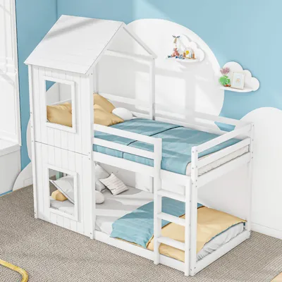 Obrázek produktu pro okwish patrová postel 90*200 cm, dětská postel pro chlapce a dívky, domácí postel s žebříkem, baldachýn, stojící na podlaze, masivní dřevo, kreslený tvar, bílá (bez matrace)