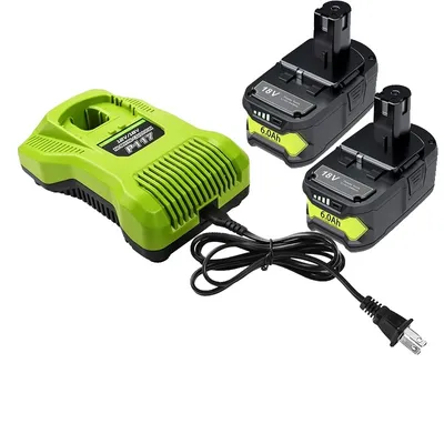 Obrázek produktu pro Akumulátor RYOBI 18V, kapacita 6,0 Ah, kompatibilní s nářadím RYOBI, 2 akumulátory 1 nabíječka