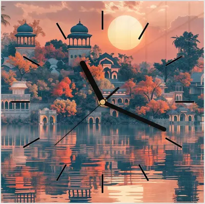 Produktbild von Wanduhr aus Glas mit Motiv Sonnenuntergangspalast- 30 x 30 cm - inkl. Aufhängesystem