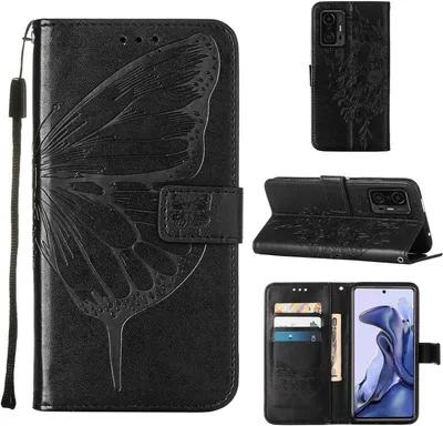 Produktbild von Xiaomi 11T Pro Hülle, Schmetterling Prägung Flip Leder Kartenfächer Schutzhülle Ledertasche mit Ständer für Xiaomi 11T／11T Pro 5G Schwarz