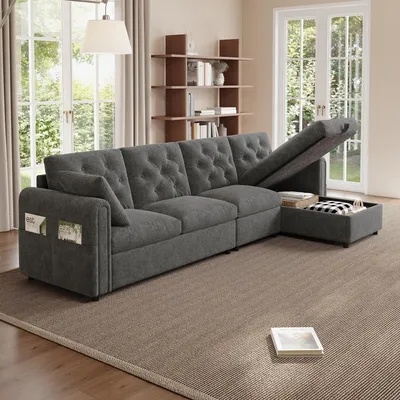Produktbild von MODFU L-förmiger Ecksofa mit Armlehne und Stauraum,Polstermöbel Loungesofa mit Magazintaschen und Rückenlehne mit Knopfheftung,Grau