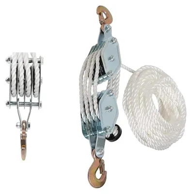 Image de Palier de levage d'une capacité de 2000 kg - Poulie à 4 branches - Corde en nylon de 20 mètres - Hauteur de levage de 2,5 mètres - Composants robustes - Acier durable