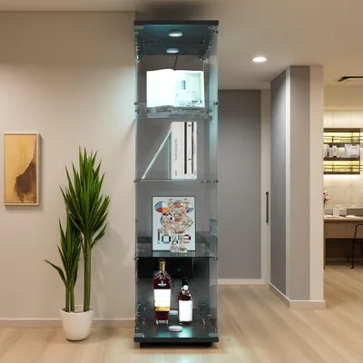 Image de Vitrine en verre avec éclairage LED, meuble vitrine à une porte et 4 étagères, en verre trempé, avec fond miroir, pour salon, dimensions : 42 x 36 x 164 cm, couleur noire