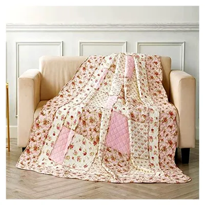 Produktbild von Wendbare Baumwoll-Patchwork-Decke für die Couch, Doppelgröße, 152,4 x 203,2 cm, mit Blumenmuster, gesteppt, leicht und weich, für Bett und Sofa