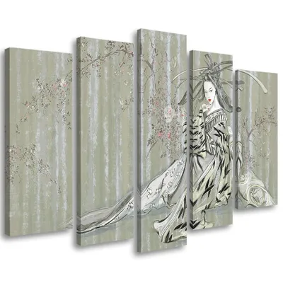 Produktbild von 5-teiliges leinwandbild traditionelle japanische geisha 100x70 cm Feeby grün wandbild bereit zum aufhängen